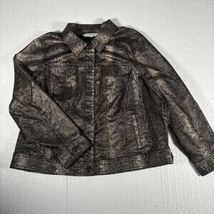 Woman’s Jones New York Jeans Snake Print Gold Brown Trucker Jacket Size 2XL
